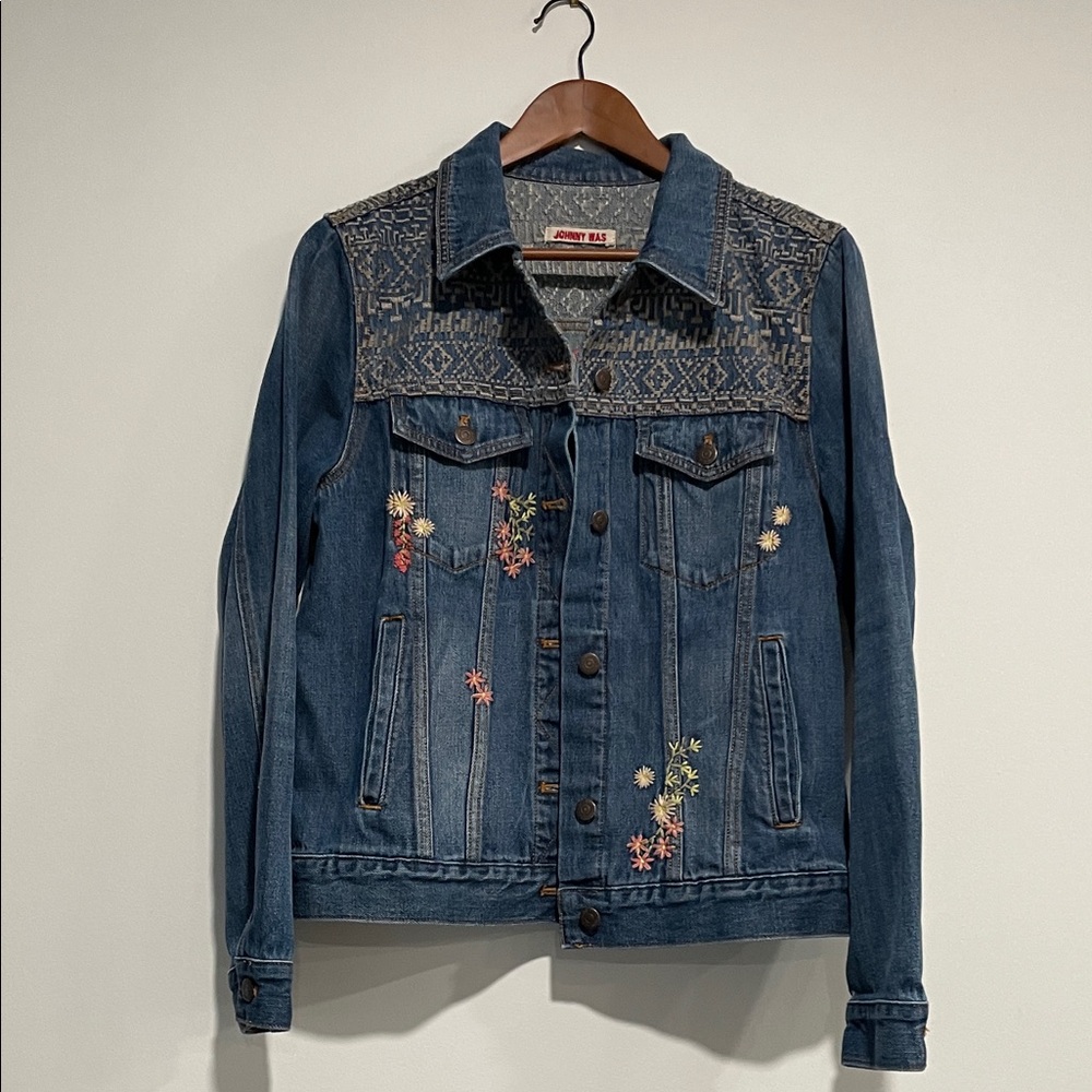 Johnny Was Denim Jacket with Colorful Embroidery